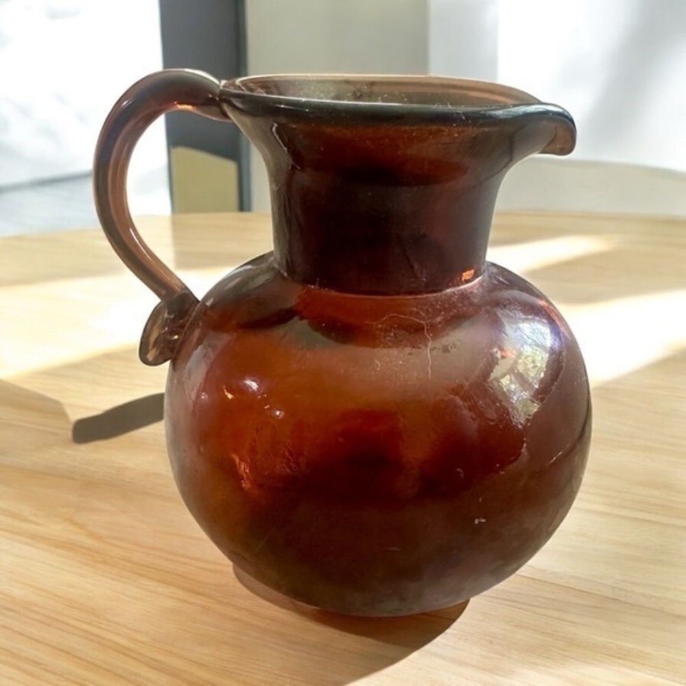 Vintage Amber Hand Blown Glass Pitcher - Brown Amber - MCM